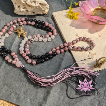 ~ Seelenschützer-Mala ~ (mit Rhodonit, Achat, Bergkristall & Rosenquarz-Guru)